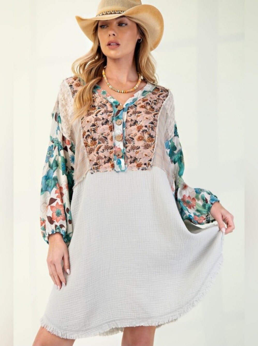 1-0615 Easel Boho Floral Patchwork Midi Dress in Lifht Blue, Pink  and Teal